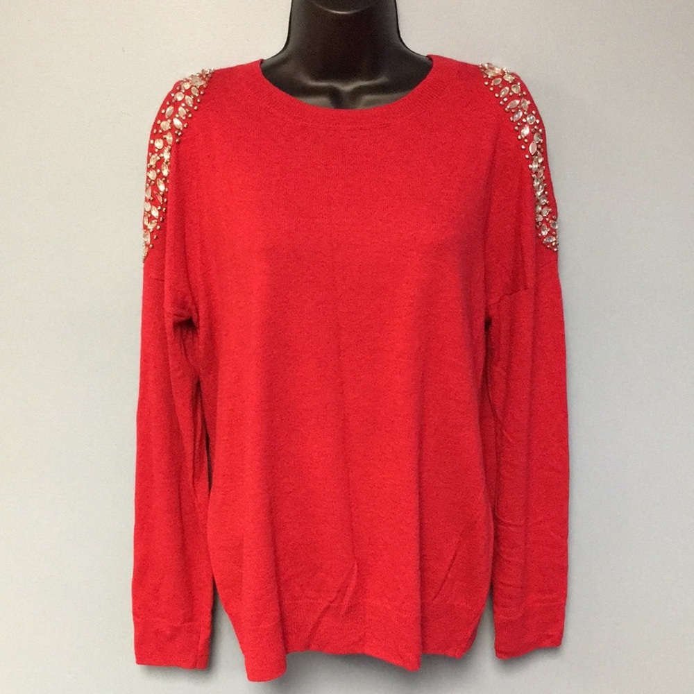 INC International Concepts Red Beaded Cold Shoulder Cowl Sweater